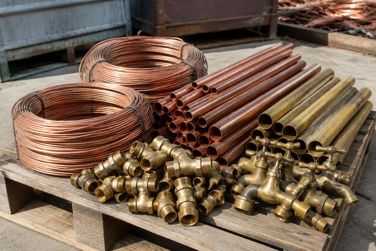 Copper wire coils, brass fittings, iron and steel scrap and aluminium pieces stacked for metal recycling