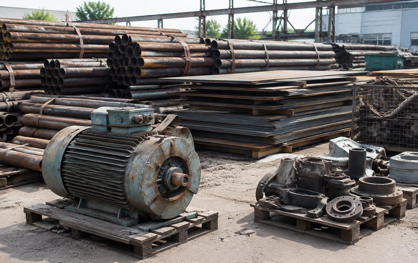 Mixed industrial and miscellaneous scrap materials loaded at a recycling yard
