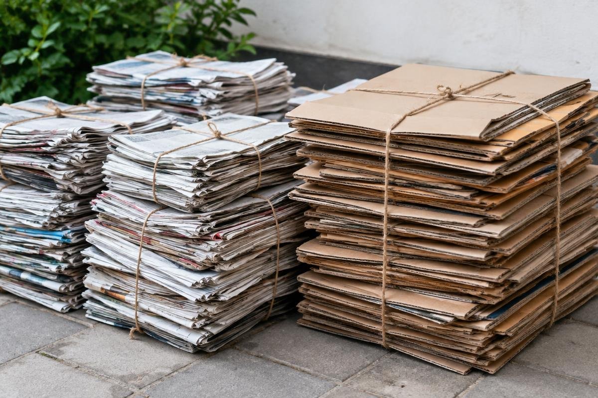 Bundled stacks of old newspapers, record paper, magazines and cardboard cartons collected for recycling