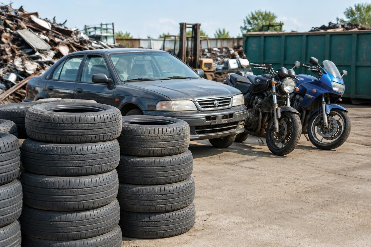 Old cars and motorcycles parked at a scrap yard with stacks of used rubber tyres in the foreground